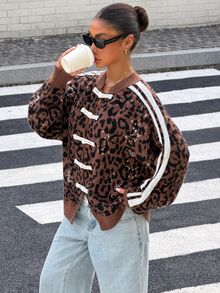 Muchica Women's Leopard Jacquard Knit Cardigan With White Frog Button Closures Oversized Long Sleeve Open Front Sweater Casual Y2K Streetwear For Going Out - Multicolor - View 5