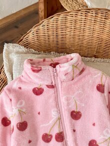 SHEIN LMoss Kids LMoss 女嬰可愛休閒愛心圖案毛絨立領夾克，適合秋冬穿著 - 粉色 - 查看 6