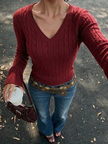 Autumina Women's Cable Knit V-Neck Long Sleeve Fitted Casual Sweater - Red - View 4