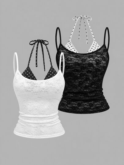 Flirla Casual Vacation Lace Camisole Black & White Set Women's Tank Top