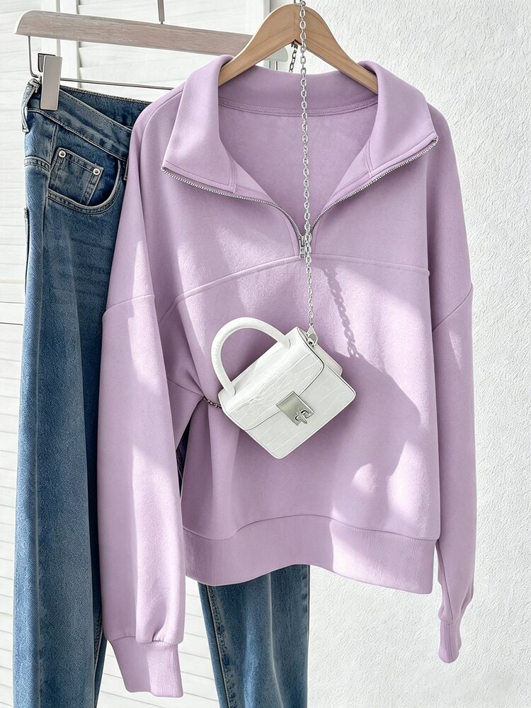 Lalippa Women's Loose Split Zip-Up Collar Sweatshirt - Purple - View 3