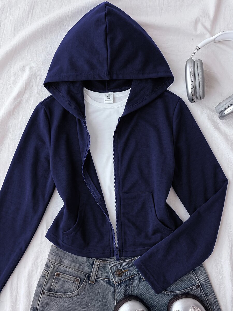 Tween Girl Autumn/Winter New Kids Light Gray Zip-Up Knit Sweatshirt - Blue - View 1