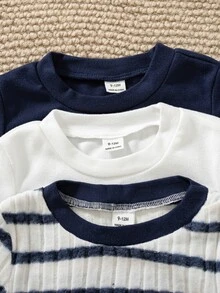 SHEIN 小熊刺繡長袖T恤，嬰兒幼兒春秋羅紋/純色/條紋內搭上衣，男孩女孩休閒百搭上衣3件組 - 彩色 - 查看 4