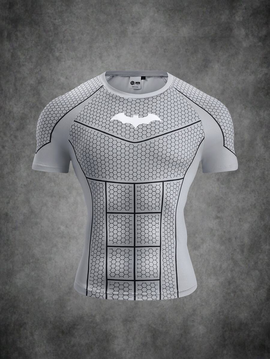 BATMAN X SHEIN Men's Geometric Bat Print Short Sleeve Slim Fit T-Shirt - Grey - View 1