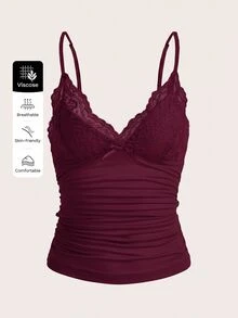 SHEIN ICON Top de tirantes Y2K con encaje en contraste y fruncido - Burdeos - Ver 1