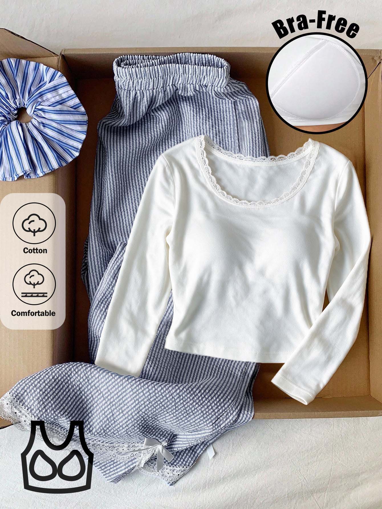 Comfortcana Setelan 2 Potong Atasan Polos dan Celana Panjang Bergaris Kasual Musim Gugur untuk Wanita - Biru - View 1