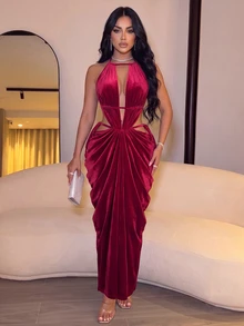 SOLERSUN Women's Halter Neck Ruched Velvet Draped Slim Fit Evening Dress With Waist Cutout And Back Tie Design - Red - View 2