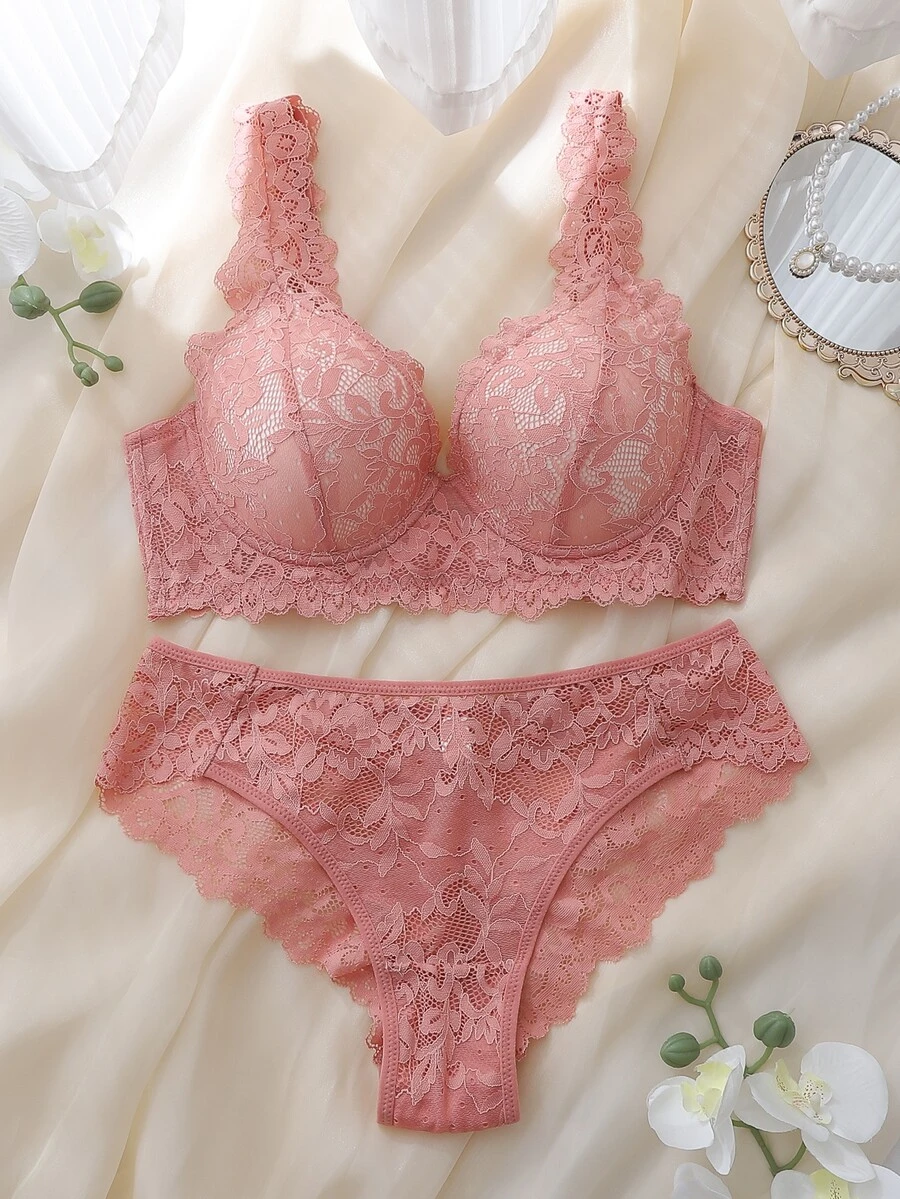 DelicateAllure 2 Peças Conjunto de Lingerie Feminina com Aro, Copo Moldado, Confortável, Balconette, Push Up, Alto Suporte, Renda e Patchwork, Rosa - Rosa chiclete - Visão 1