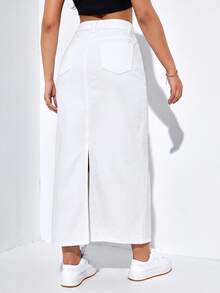 SHEIN EZwear 女款休閒長款牛仔裙，附口袋與破洞設計 - 白色 - 查看 2