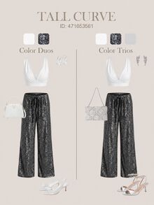 SHEIN Tall CURVE Plus Size Women Solid Color Waist Tie Sequin Wide Leg Long Pants - Black - View 1