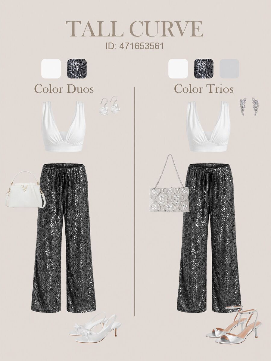 SHEIN Tall CURVE Plus Size Women Solid Color Waist Tie Sequin Wide Leg Long Pants - Black - View 1