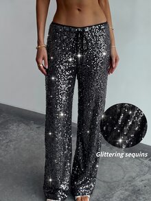 SHEIN Tall CURVE Plus Size Women Solid Color Waist Tie Sequin Wide Leg Long Pants - Black - View 5