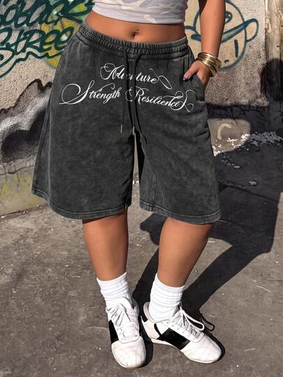Muchica Plus Size Women's Drawstring Waist Letter Print Casual Versatile Daily Wear Shorts