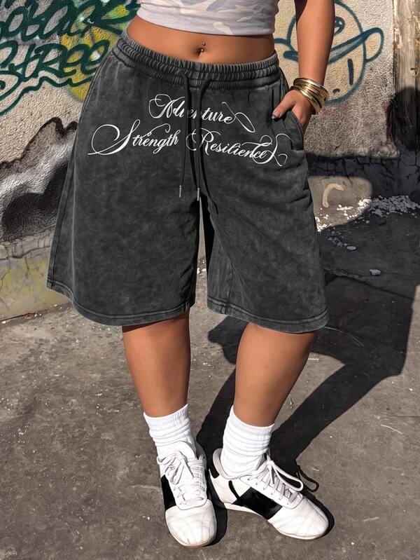 Muchica Plus Size Women's Drawstring Waist Letter Print Casual Versatile Daily Wear Shorts