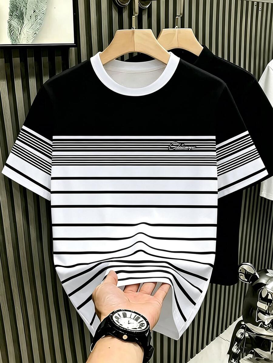 Manfinity Homme Men's Plus Size Contrast Color Striped Short Sleeve T-Shirt - Multicolor - View 1