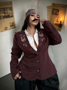 Whyspr Plus Size Women's Suede Embroidered Jacket With Notch Lapel And Single-Breasted Buttons Fall - Brown - View 1