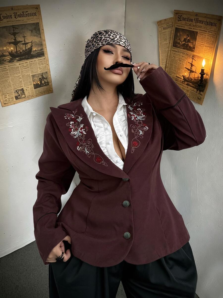 Whyspr Plus Size Women's Suede Embroidered Jacket With Notch Lapel And Single-Breasted Buttons Fall - Brown - View 1