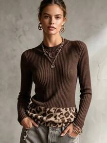 LUMIGAL Women's Patchwork Leopard Print Round Neck Long Sleeve Fashion Sweater - Multicolor - View 1