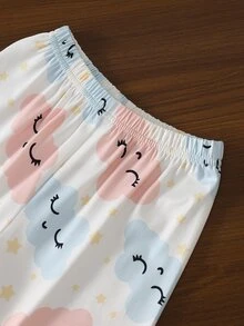 SHEIN 女童甜美可愛優雅休閒日常舒適親膚柔軟針織布料粉藍雲朵星星卡通印花開襟長袖上衣與長褲2件套居家服睡衣 - 粉色 - 查看 7