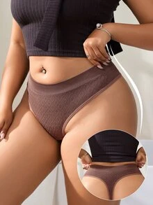 SHEIN Plus Size Seamless Textured Thong Panty, 1pc - Coffee Brown - View 3