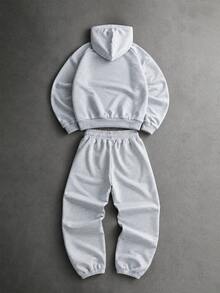 ROMWE MEN Men's Lip Embroidery Long Sleeve Drawstring Hoodie And Sweatpants Casual Set - Grey - View 3