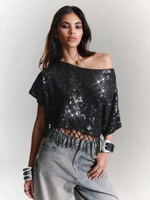BAD SUNDAY Women's Mid-Sleeve Asymmetrical Shoulder Tassel Hem Crop Top, Y2K Sexy Millennium Style, Summer Halloween Party Club Going Out Black - Black - View 6