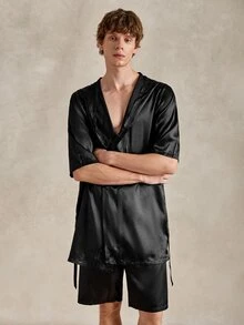 EverLounge Men's Solid Color Short Sleeve Hooded Robe - Black - View 2