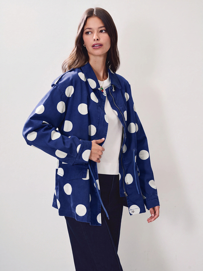 Nöista Khaki Polka Dot Utility Jacket With A Relaxed Fit, Drawstring Waist And Oversized Pockets,Ideal For Casual, Festival, Vacation &Vintage-Inspired Looks