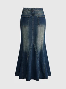 ROMWE Autumn/Winter Hippie Washed Mermaid Tail Denim Skirt For Women - Blue - View 2