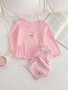 Baby Girl Pink Ribbed Top & Ribbed Bunny Print Pants Set, Loungewear - Pink - View 3