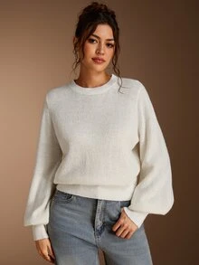 SHEIN BASICS 女款素色休閒百搭日常穿著長袖針織衫 - 白色 - 查看 4