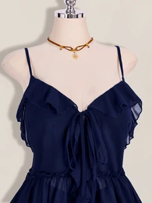 SHEIN ICON 女款大尺碼荷葉邊雪紡細肩帶背心 - 藏蓝色 - 查看 3