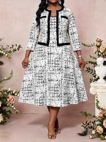 SHEIN Lady Plus Size Women's Colorblock 3/4 Sleeve Open Front Jacket And Dress Elegant 2 Pieces Set - Black and White - View 1