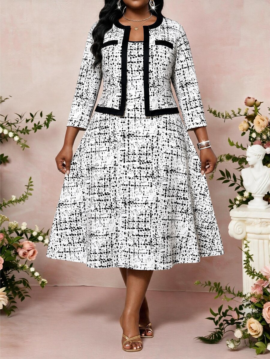 SHEIN Lady Plus Size Women's Colorblock 3/4 Sleeve Open Front Jacket And Dress Elegant 2 Pieces Set - Black and White - View 1