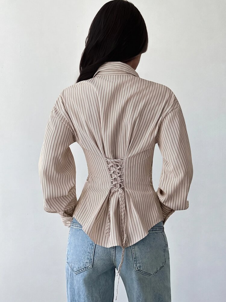 Firerie Women's Blue And White Striped Long Sleeve Shirt, Back Cinched Waist Shirt, Daily Commute Shirt, Vacation Shirt, Waist-Cinching Striped Shirt, Spring Summer Autumn Winter Clothing Commute, Elegant, Vacation, Bohemian, Workwear - Khaki - View 2