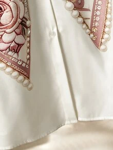 Seusyu 女款領口長袖蝴蝶印花休閒優雅 L'amoure 日常寬鬆大尺碼 2 件套 早午餐派對 粉紫色 秋季 - 酒紅色 - 查看 8