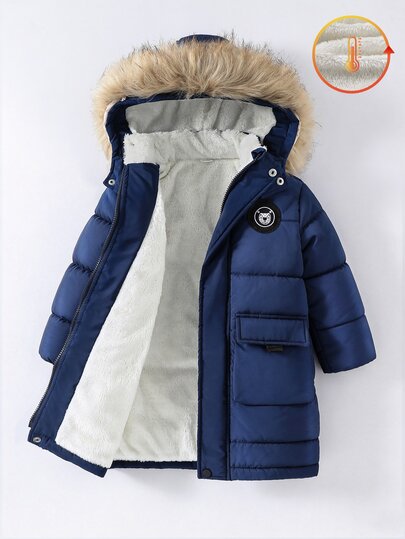 SHEIN Boys Casual Daily Long Hooded Fur Collar Padded Coat, Suitable For Autumn/Winter, Fashionable And Comfortable