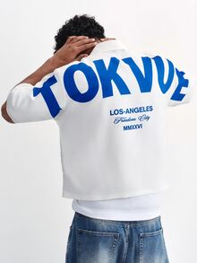 TOKVUE Men's White Cropped Short Sleeve Shirt, Front & Back Blue Letter Print Loose Streetwear Top - White - View 5