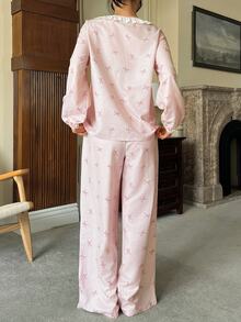 DAZY Autumn/Winter Sweet Plaid Bow Ruffle Loose Women's Pajama Set - Pink - View 2