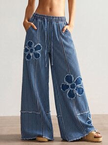 Bohemela Celana Panjang Lebar Motif Garis-Garis dan Aplikasi Bunga Ukuran Plus - MultiWarna - View 3