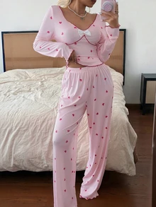 Softscene Women's Sweet Heart Lace Long Sleeve Long Pants Pajamas, Spring/Autumn Homewear - Pink - View 6