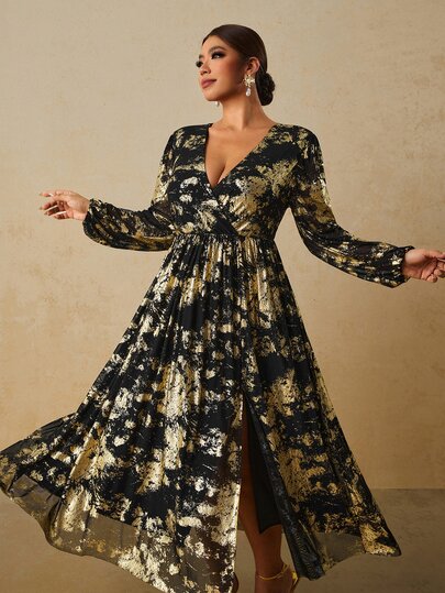 Travachic Plus Size Vacation Black Foil Print Long Dress, V-Neck Long Sleeve Front Slit Dress, Knit Mesh Foil Print Dress, Elegant Dress