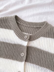 SHEIN 青少年女孩秋冬款卡其色與白色條紋休閒針織毛衣，簡約時尚，適合日常穿著 - 卡其色 - 查看 4