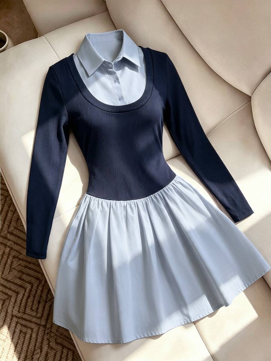 SHEIN EZwear Women's Preppy Elegant Style 2 In 1 Striped Patchwork Fashionable Short Dress, Autumn Teachers' Day Office Navy Blue - Navy Blue - View 1
