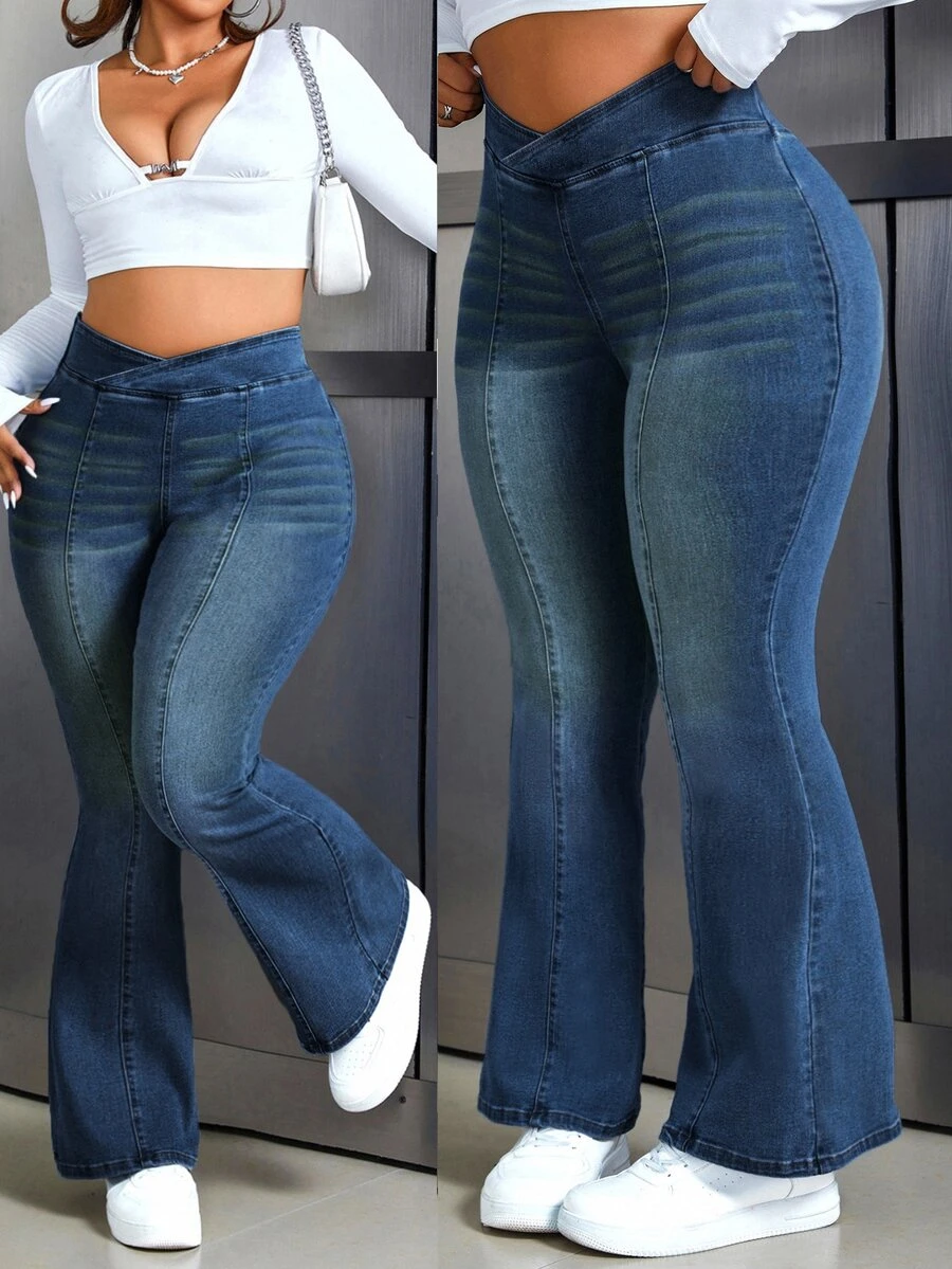 Jeanoix Plus Size Women's Asymmetrical Waist Casual Flare Jeans - Blue - View 1