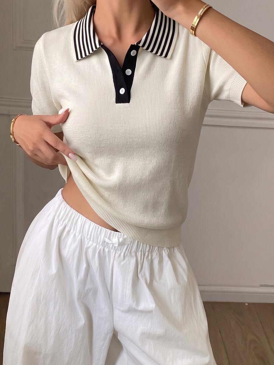 Mulvari Women's Premium Colorblock Short Sleeve Sweater Vest, Autumn/Winter White Casual Blouses Fall Winter Work Tops - White - View 1
