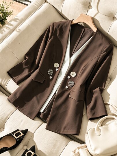 Franclia Plus Size Women's French Casual Elegant Colorblock Long Sleeve Blazer
