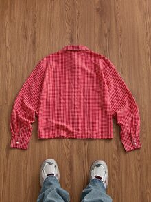 SWAVVY 酒紅色小格紋刺繡男士長袖襯衫 - 酒紅色 - 查看 7