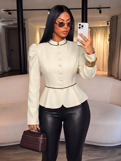 SOLERSUN Women Vintage-Inspired Stand Collar Puff Shoulder Slim-Fit Button-Down Lightweight Peplum Jacket