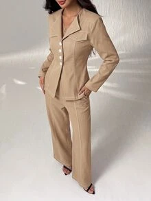 SHEIN PETITE 開襟長袖開襟衫與休閒長褲套裝 - 駝色 - 查看 5